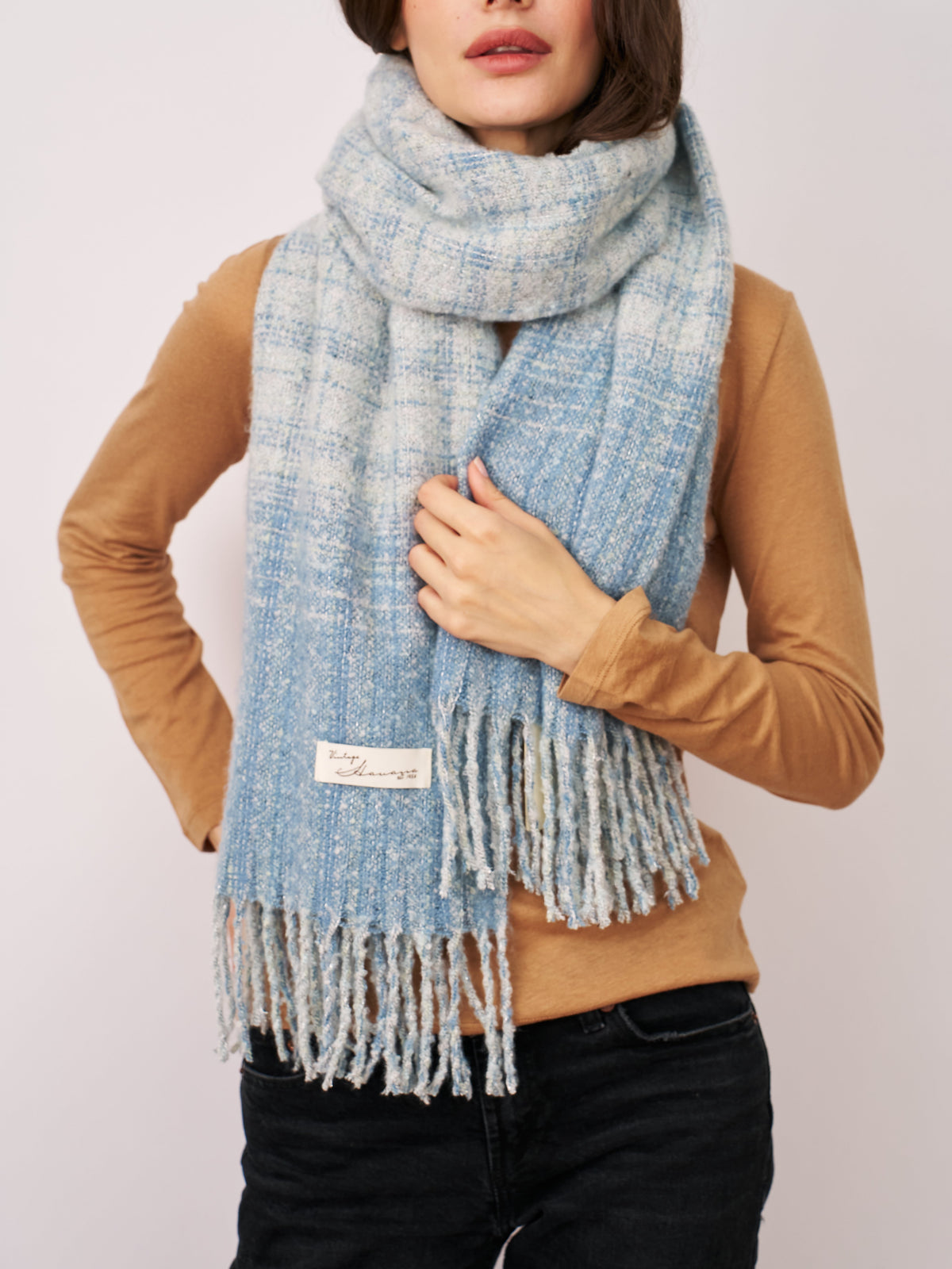 BOUCLE CHECK TASSEL SCARF - BLUE | Vintage Havana