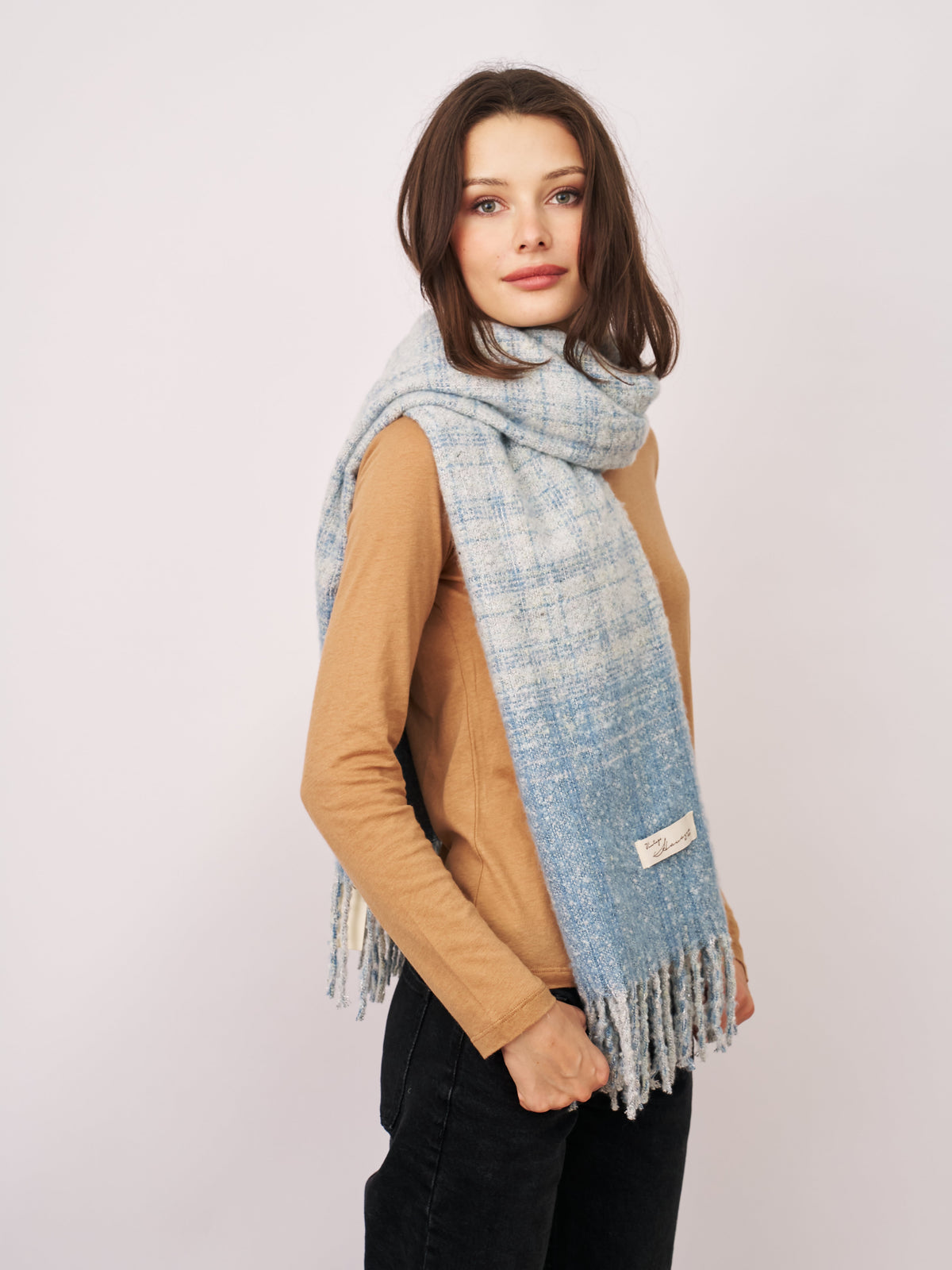 BOUCLE CHECK TASSEL SCARF - BLUE | Vintage Havana