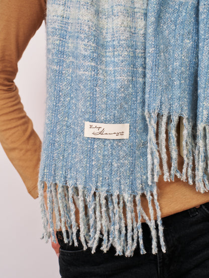 BOUCLE CHECK TASSEL SCARF - BLUE | Vintage Havana