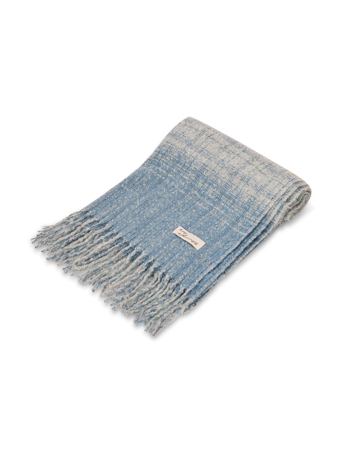 BOUCLE CHECK TASSEL SCARF - BLUE | Vintage Havana