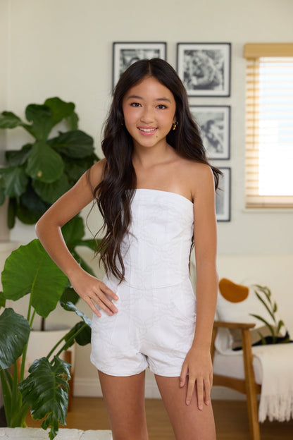 Kids White Rope Stitch Strapless Romper | Vintage Havana