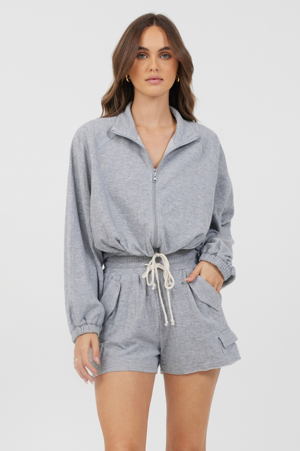 Heather Grey Bounded Textured Jersey Zip Up W/ Tie | Vintage Havana