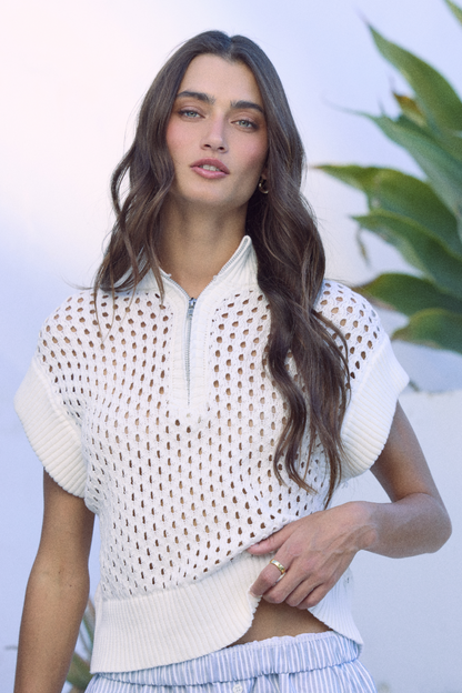 Open Knit Short Sleeve Quarter Zip Sweater | Vintage Havana