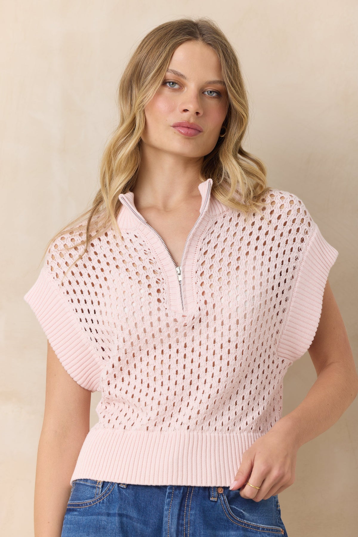 Open Knit Short Sleeve Quarter Zip Sweater | Vintage Havana