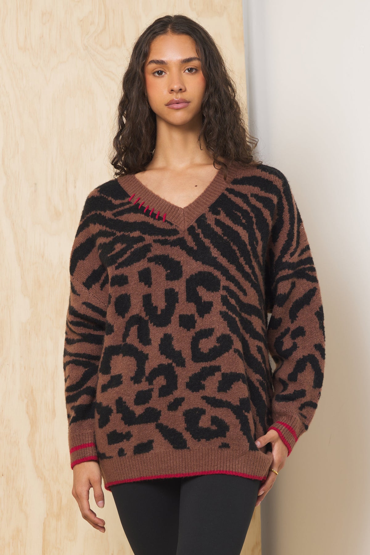V Neck Jacquard Sweater | Vintage Havana