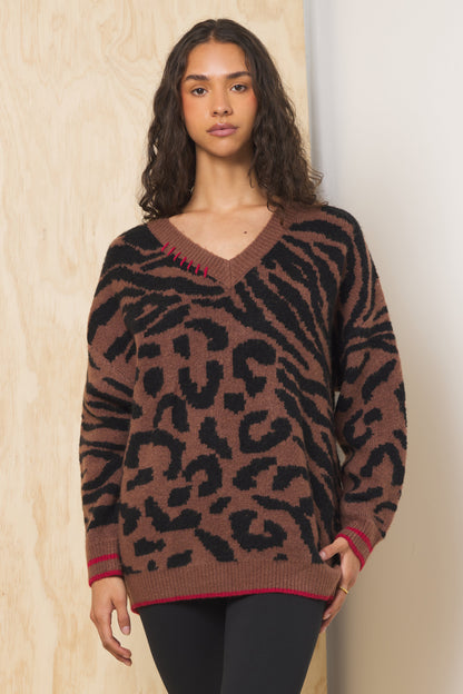 V Neck Jacquard Sweater | Vintage Havana