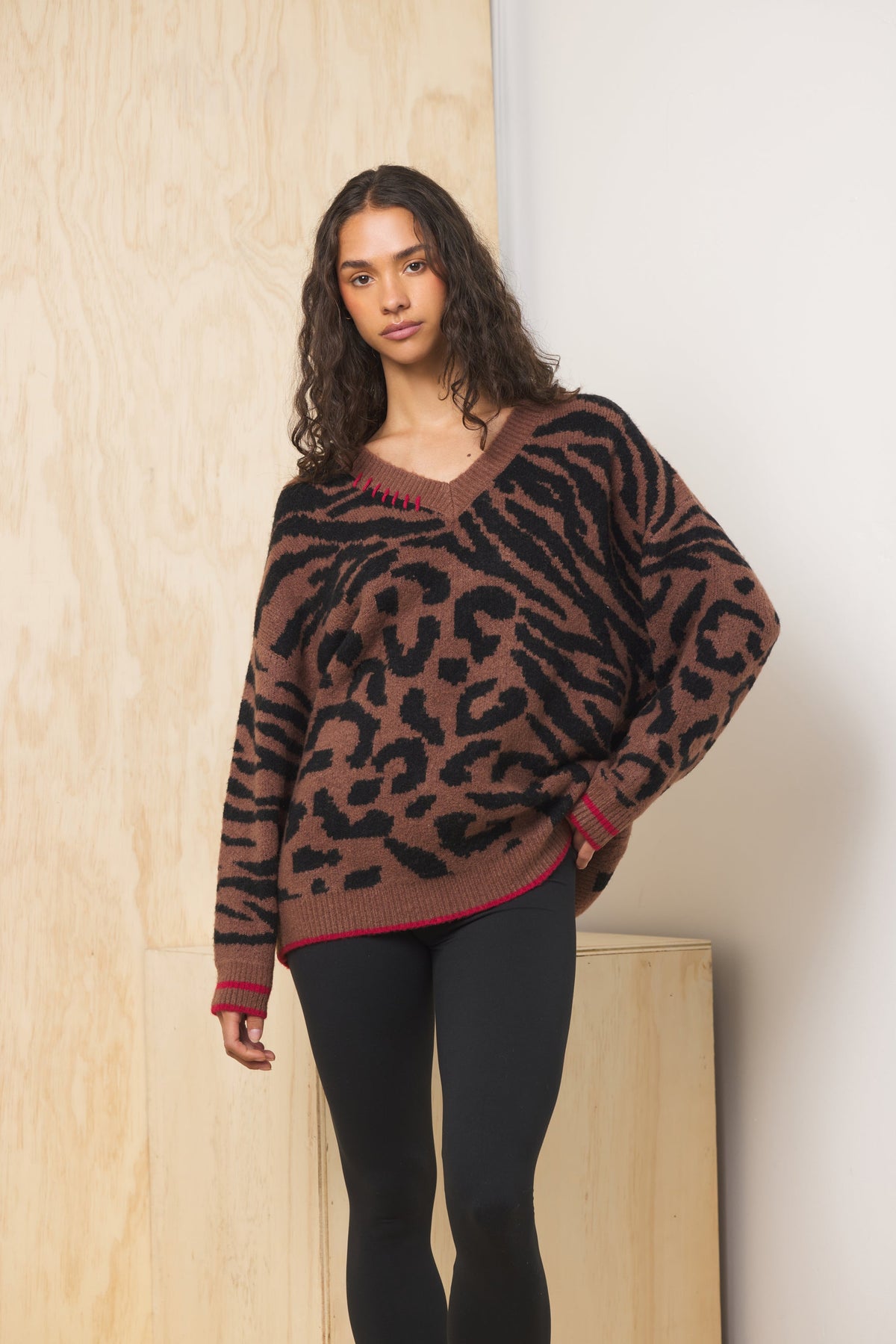 V Neck Jacquard Sweater | Vintage Havana