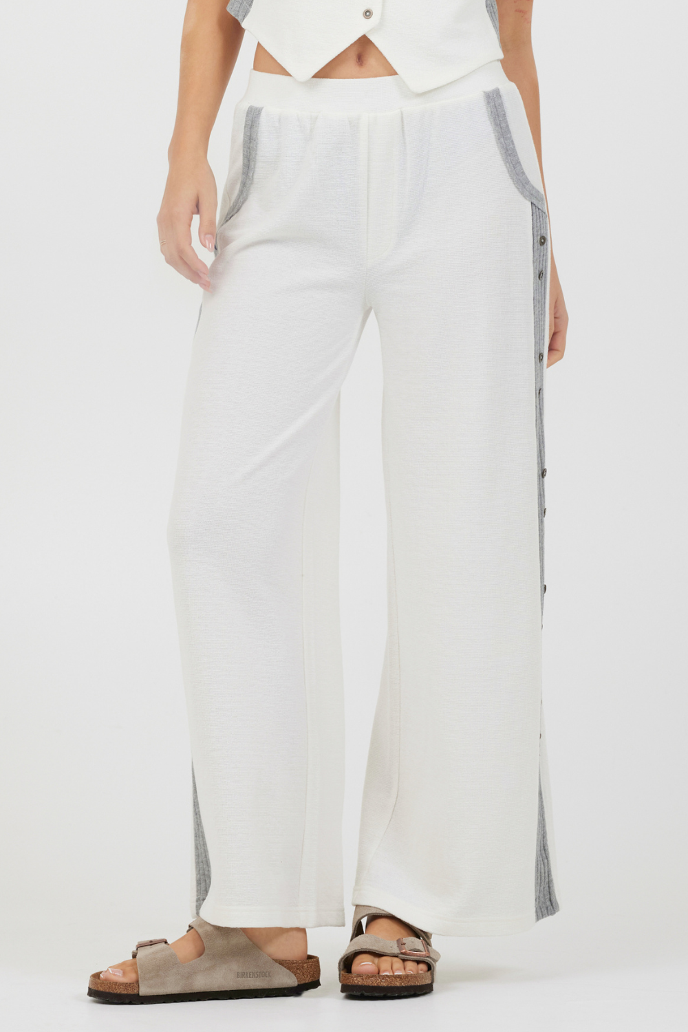 Cream Heather Grey Texture Knit Pant W Contrast Rib | Vintage Havana