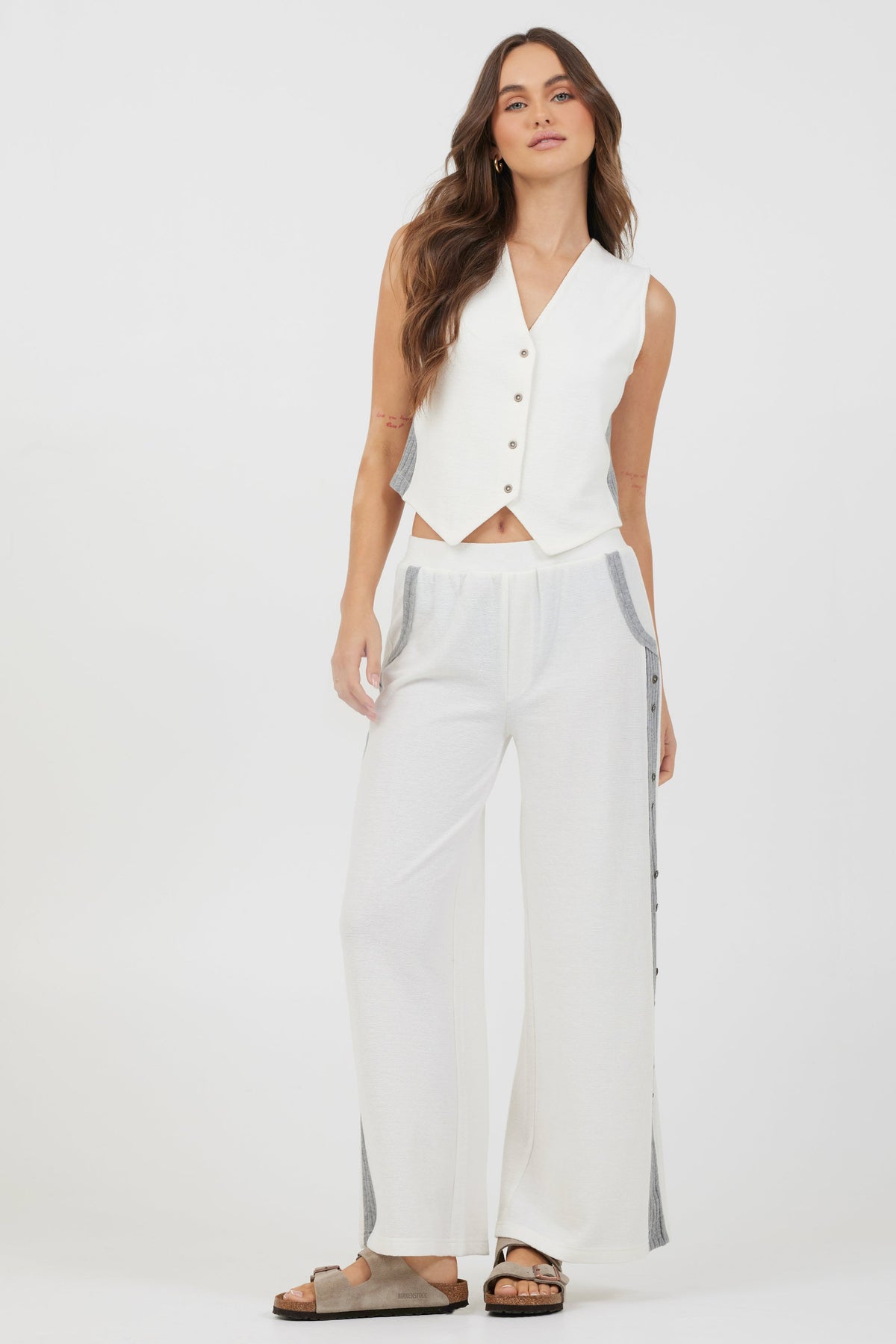 Cream Heather Grey Texture Knit Pant W Contrast Rib | Vintage Havana