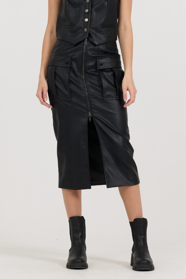 Black leather Zip Front Midi Skirt | Vintage Havana