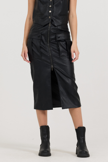 Black leather Zip Front Midi Skirt | Vintage Havana