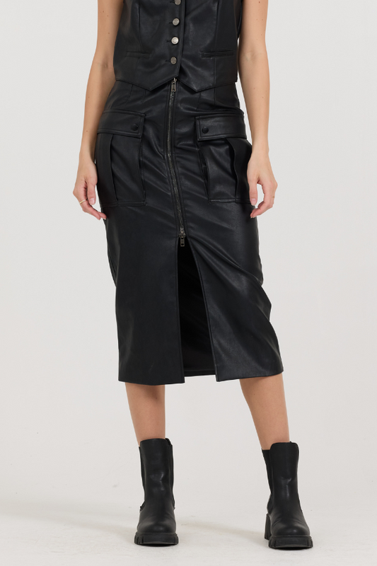 Black leather Zip Front Midi Skirt | Vintage Havana