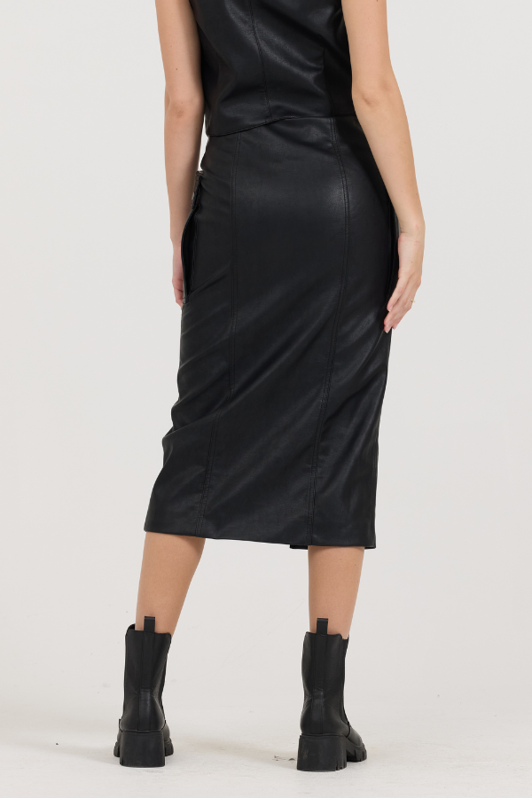 Black leather Zip Front Midi Skirt | Vintage Havana