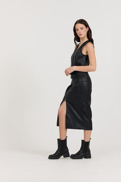Black leather Zip Front Midi Skirt | Vintage Havana