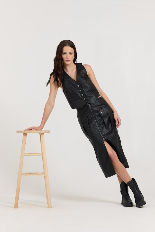 Black leather Zip Front Midi Skirt | Vintage Havana