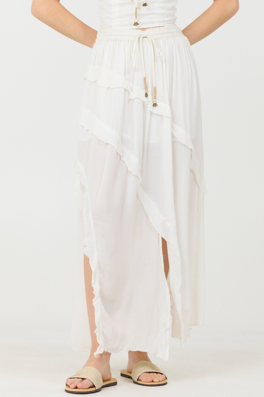 Clean White Rayon Crinkle Ruffle Maxi Skirt | Vintage Havana