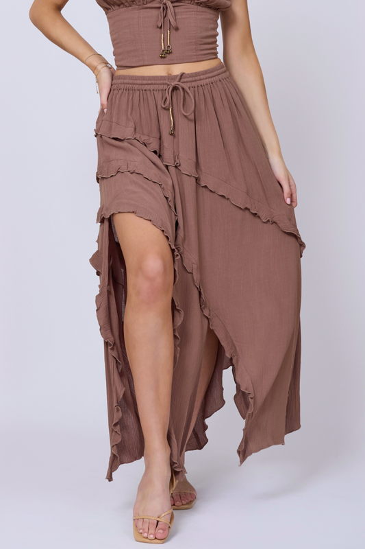 Washed Mocha Rayon Crinkle Ruffle Maxi Skirt | Vintage Havana