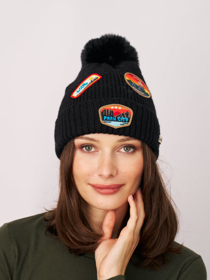 RIBBED POMPOM BEANIE WITH LAKE TAHOE PATCH - BLACK | Vintage Havana