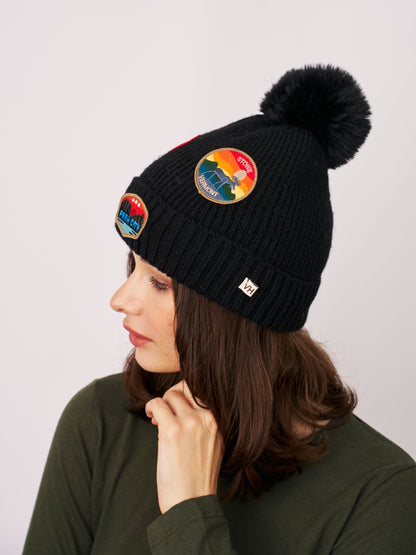 RIBBED POMPOM BEANIE WITH LAKE TAHOE PATCH - BLACK | Vintage Havana