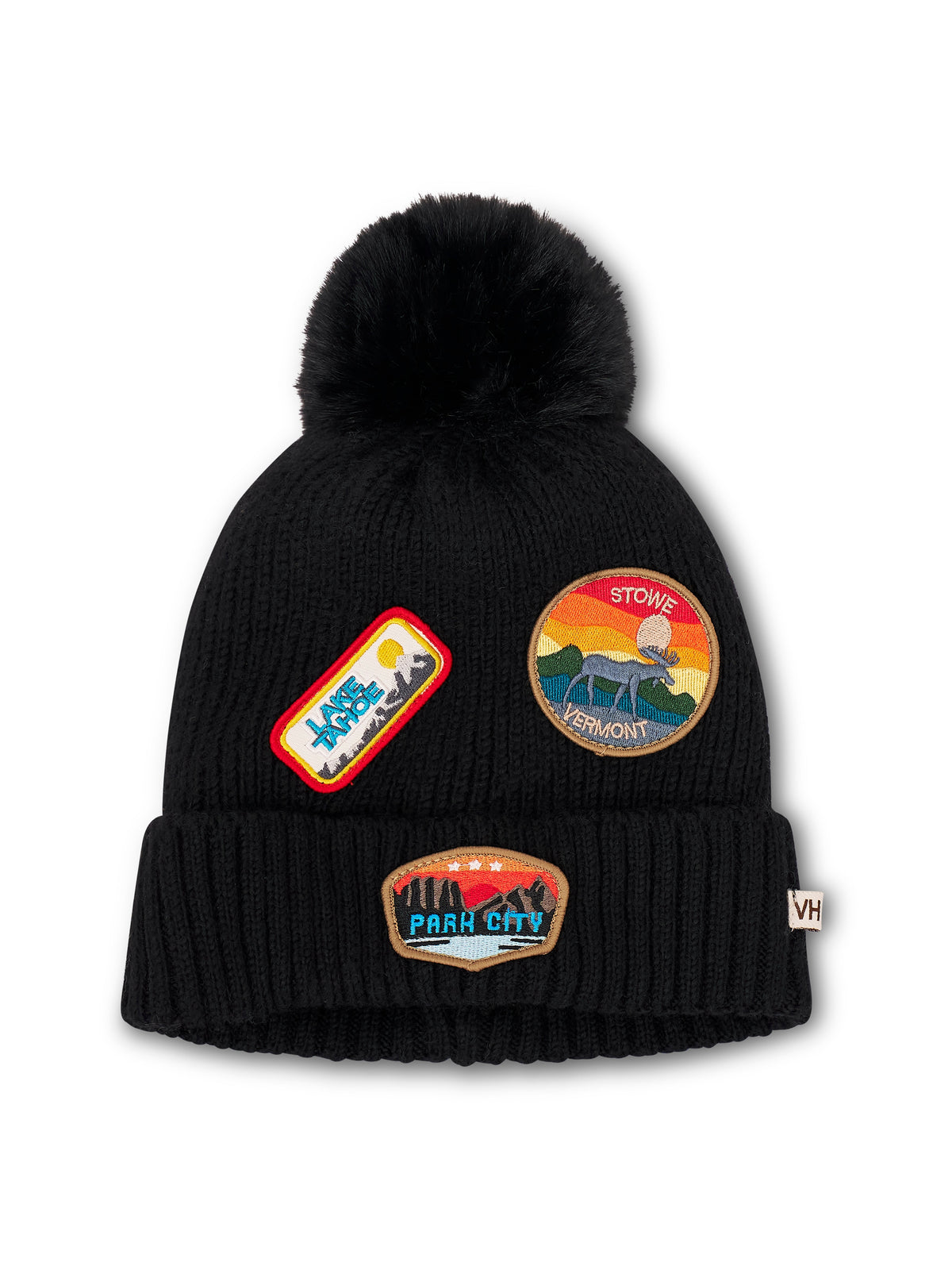 RIBBED POMPOM BEANIE WITH LAKE TAHOE PATCH - BLACK | Vintage Havana