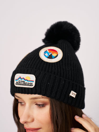 RIBBED POMPOM BEANIE WITH SWISS ALP PATCH - BLACK | Vintage Havana