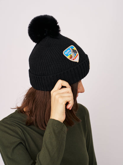 RIBBED POMPOM BEANIE WITH SWISS ALP PATCH - BLACK | Vintage Havana