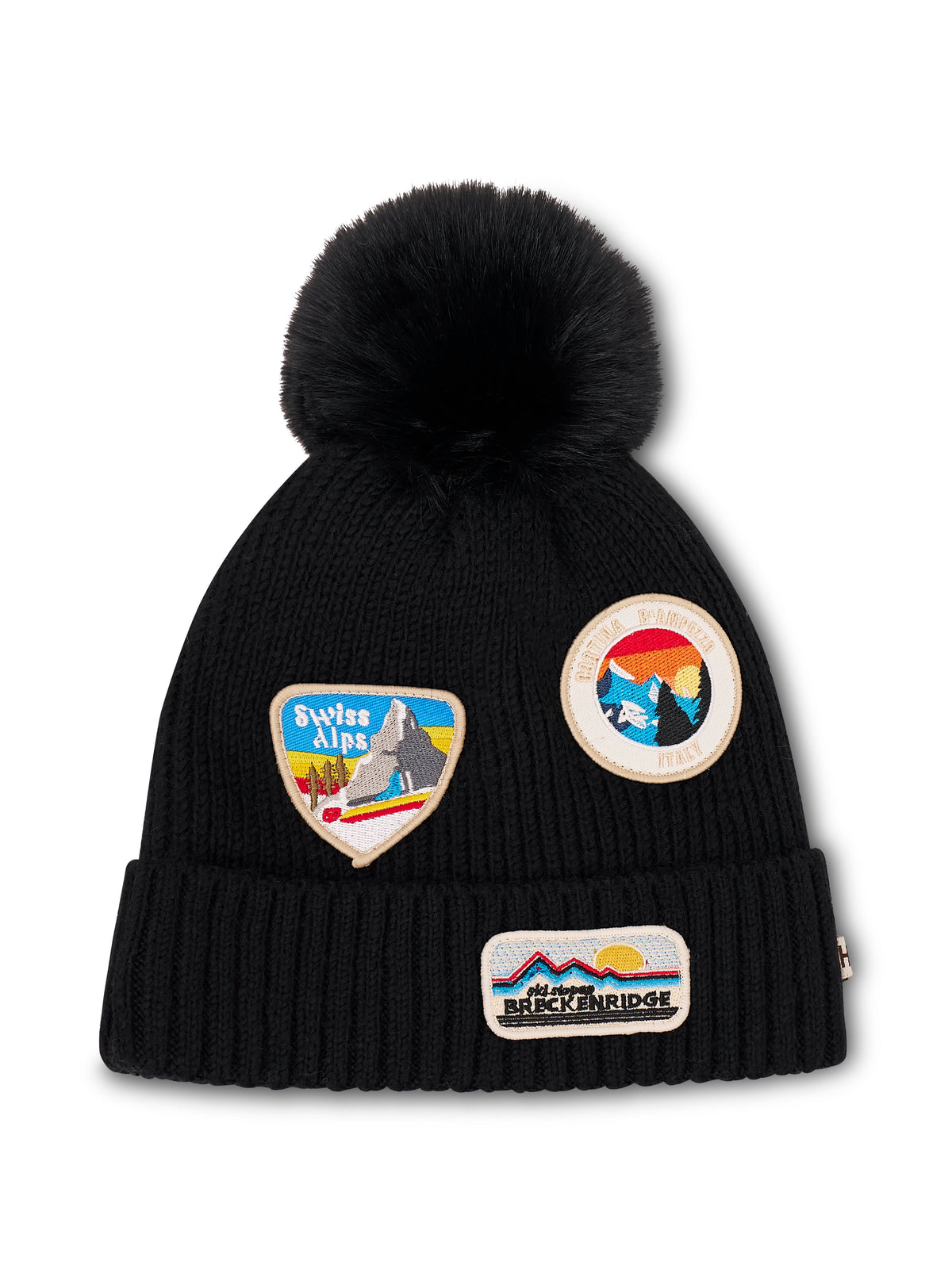 RIBBED POMPOM BEANIE WITH SWISS ALP PATCH - BLACK | Vintage Havana