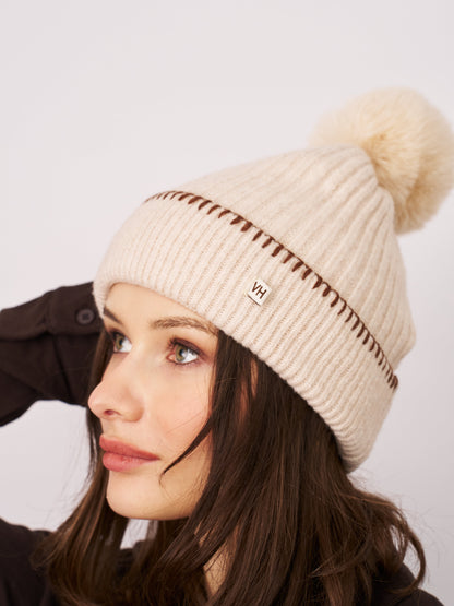 RIBBED POMPOM BEANIE - IVORY/TAN | Vintage Havana