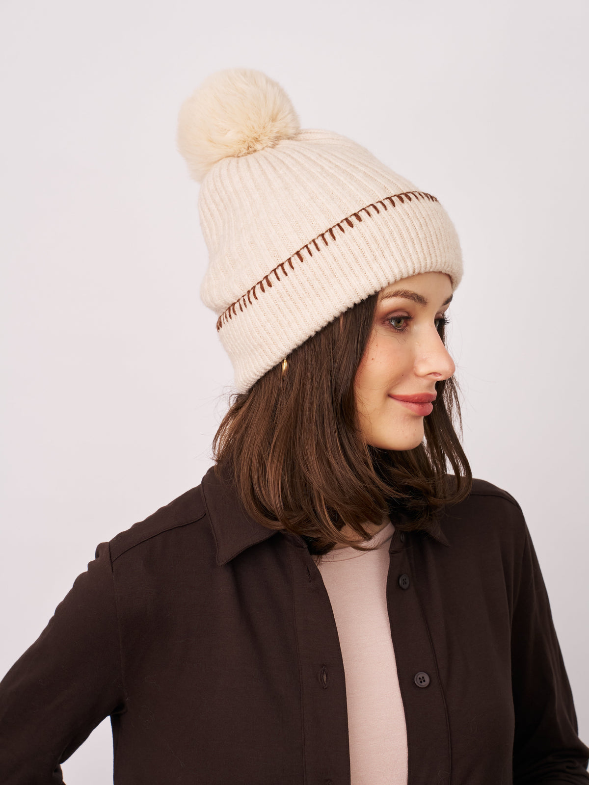 RIBBED POMPOM BEANIE - IVORY/TAN | Vintage Havana