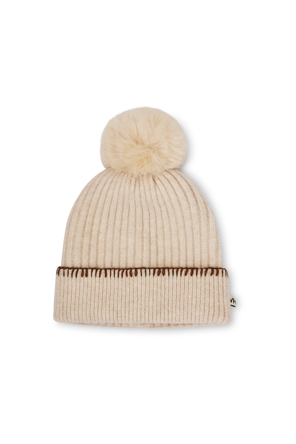RIBBED POMPOM BEANIE - IVORY/TAN | Vintage Havana