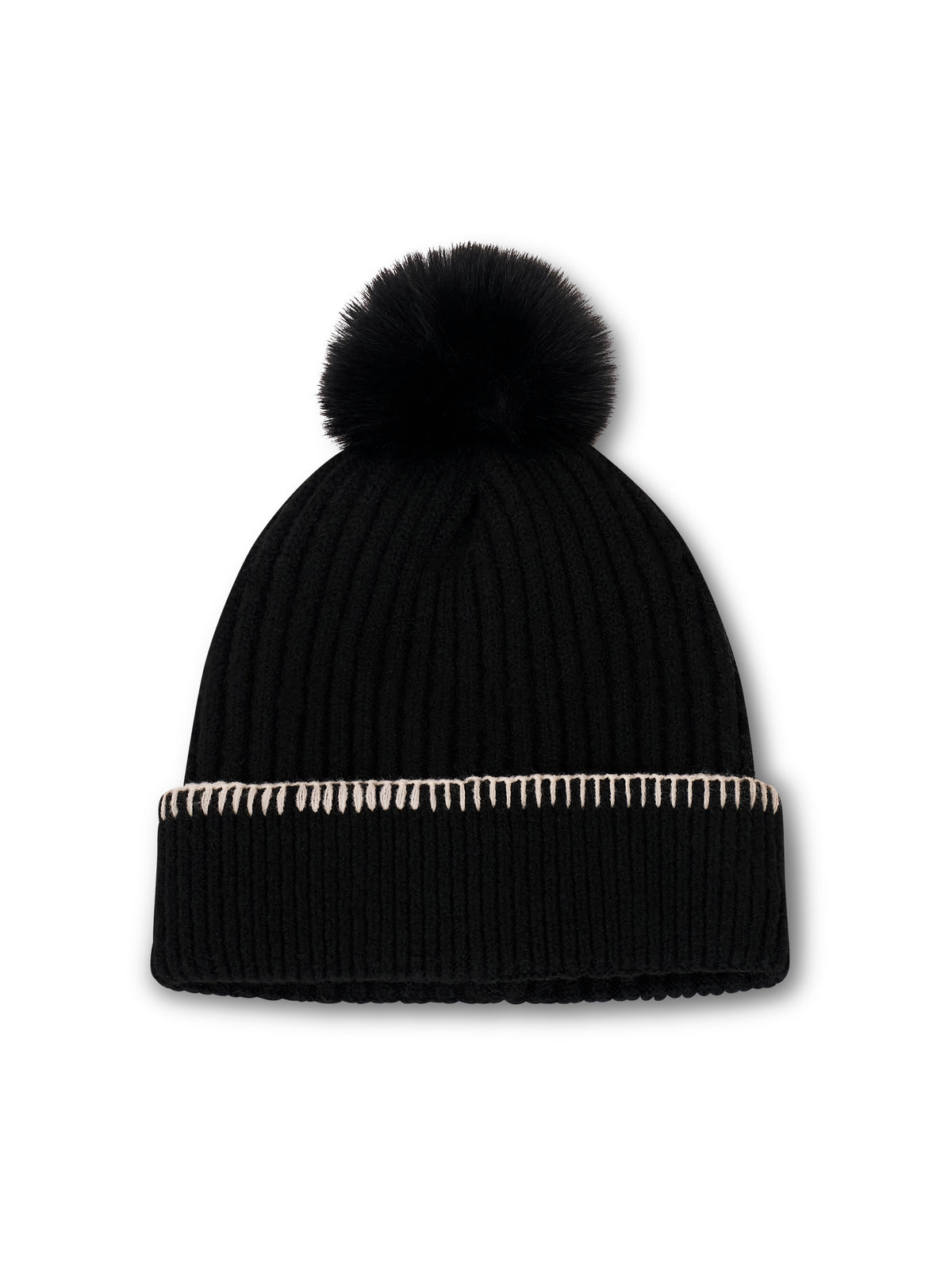 RIBBED POMPOM BEANIE - BLACK/IVORY | Vintage Havana