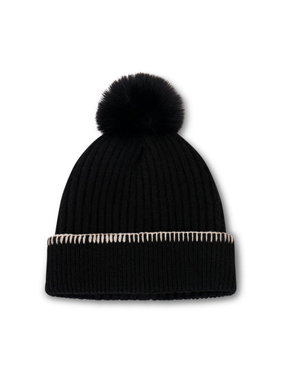 RIBBED POMPOM BEANIE - BLACK/IVORY | Vintage Havana