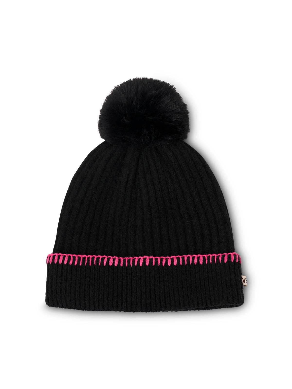 RIBBED POMPOM BEANIE - BLACK/PINK | Vintage Havana