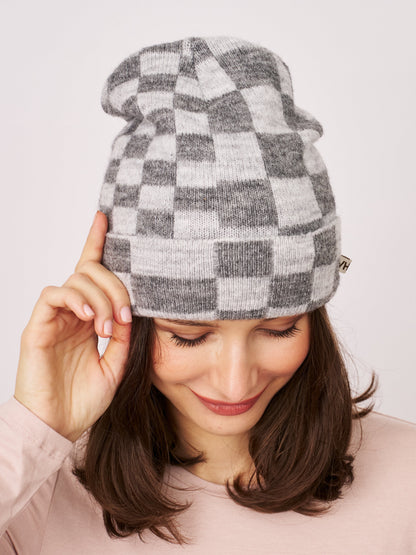CHECK PATTERN BEANIE - GREY | Vintage Havana