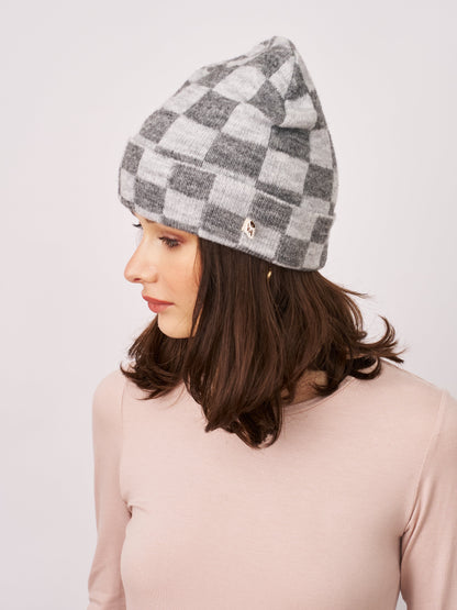 CHECK PATTERN BEANIE - GREY | Vintage Havana