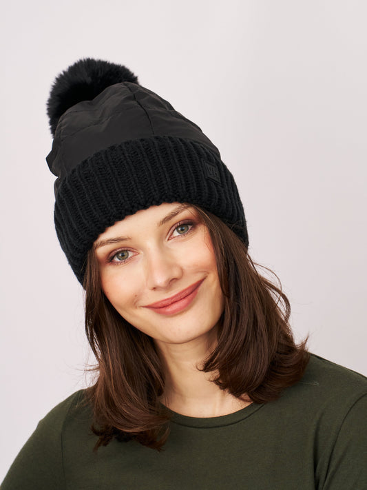 PUFFER POMPOM HAT - BLACK | Vintage Havana