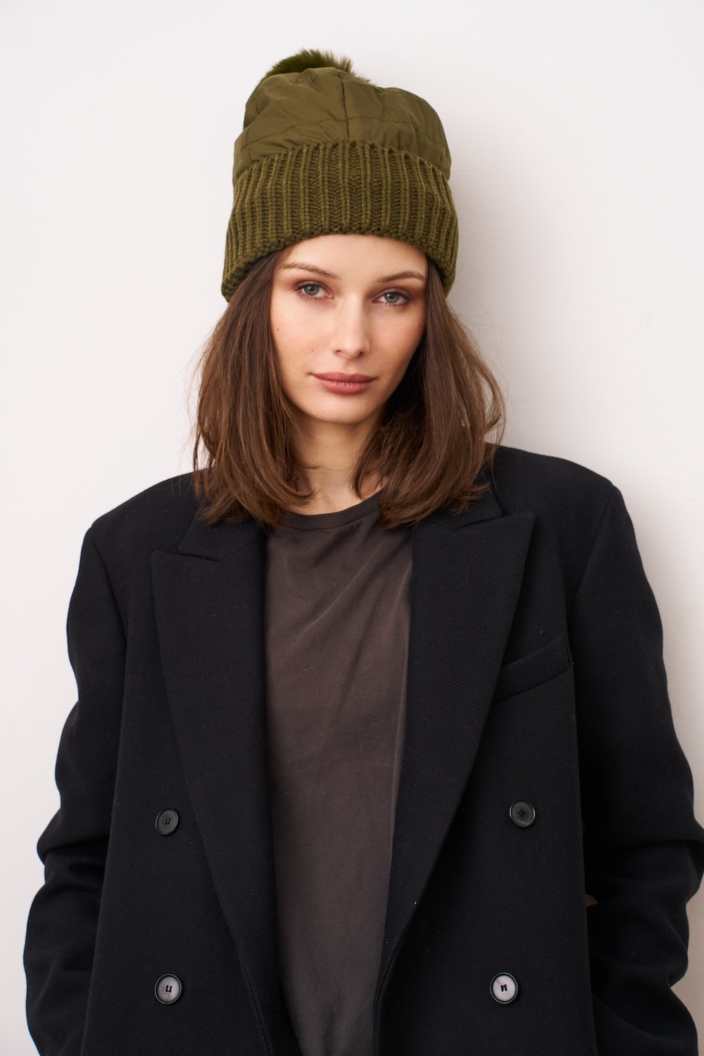 PUFFER POMPOM HAT - OLIVE | Vintage Havana
