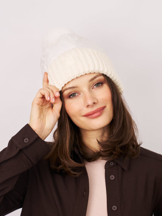 PUFFER POMPOM HAT - WHITE | Vintage Havana