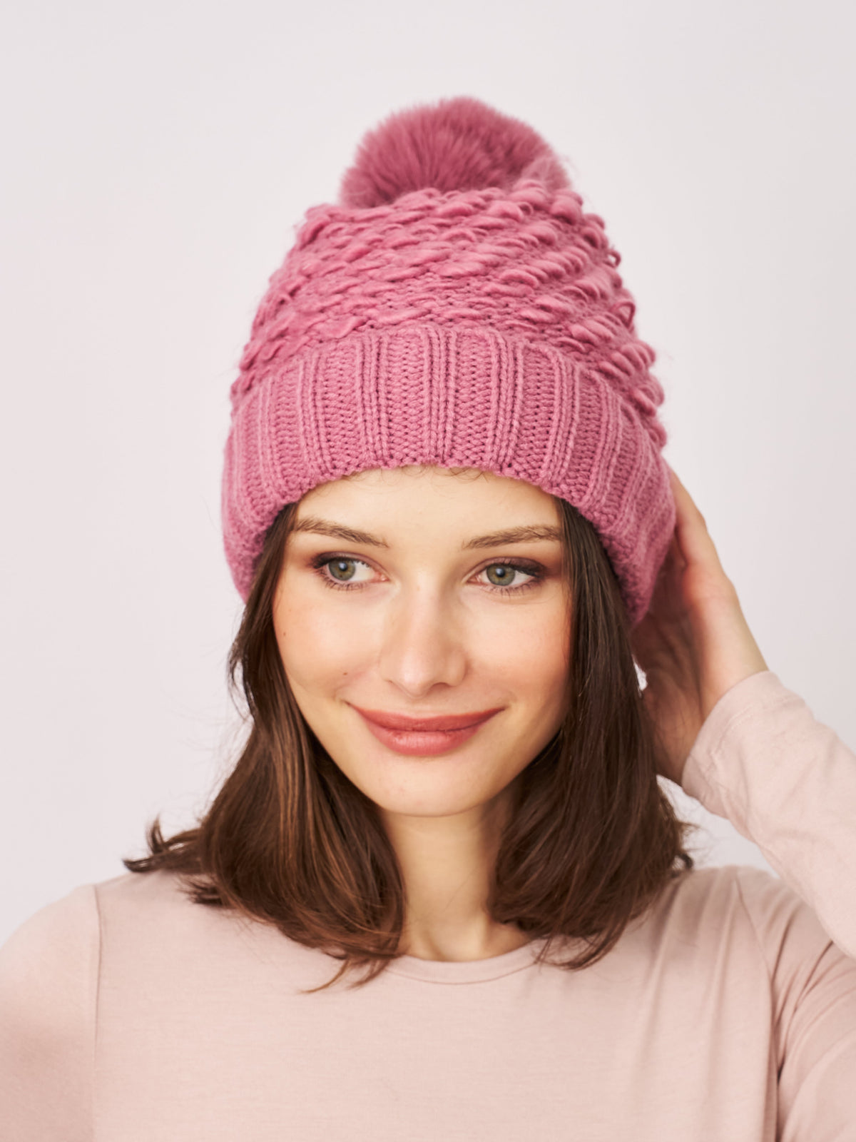 TURN UP POMPOM HAT - BLUSH | Vintage Havana