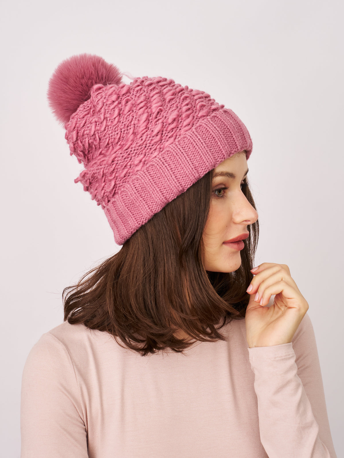 TURN UP POMPOM HAT - BLUSH | Vintage Havana