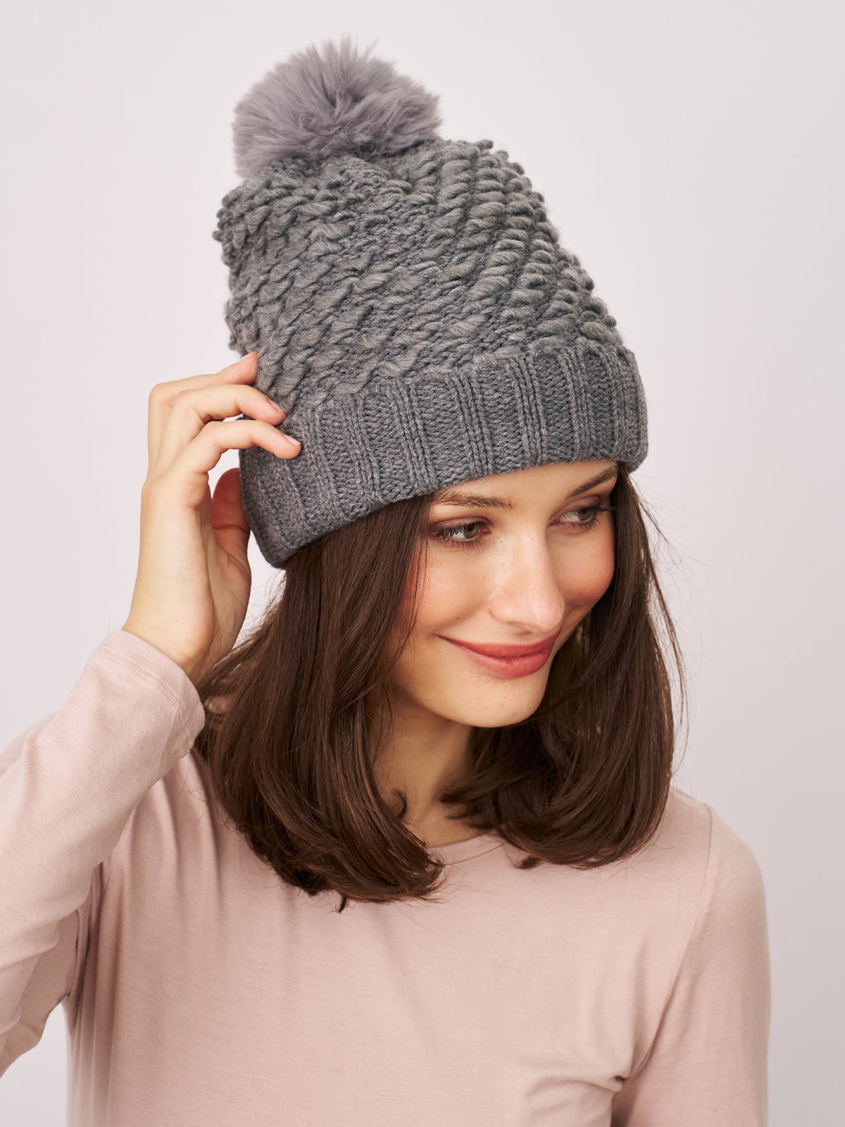 TURN UP POMPOM HAT - GREY | Vintage Havana