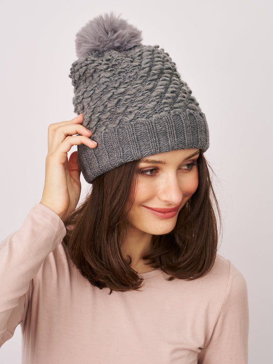 TURN UP POMPOM HAT - GREY | Vintage Havana