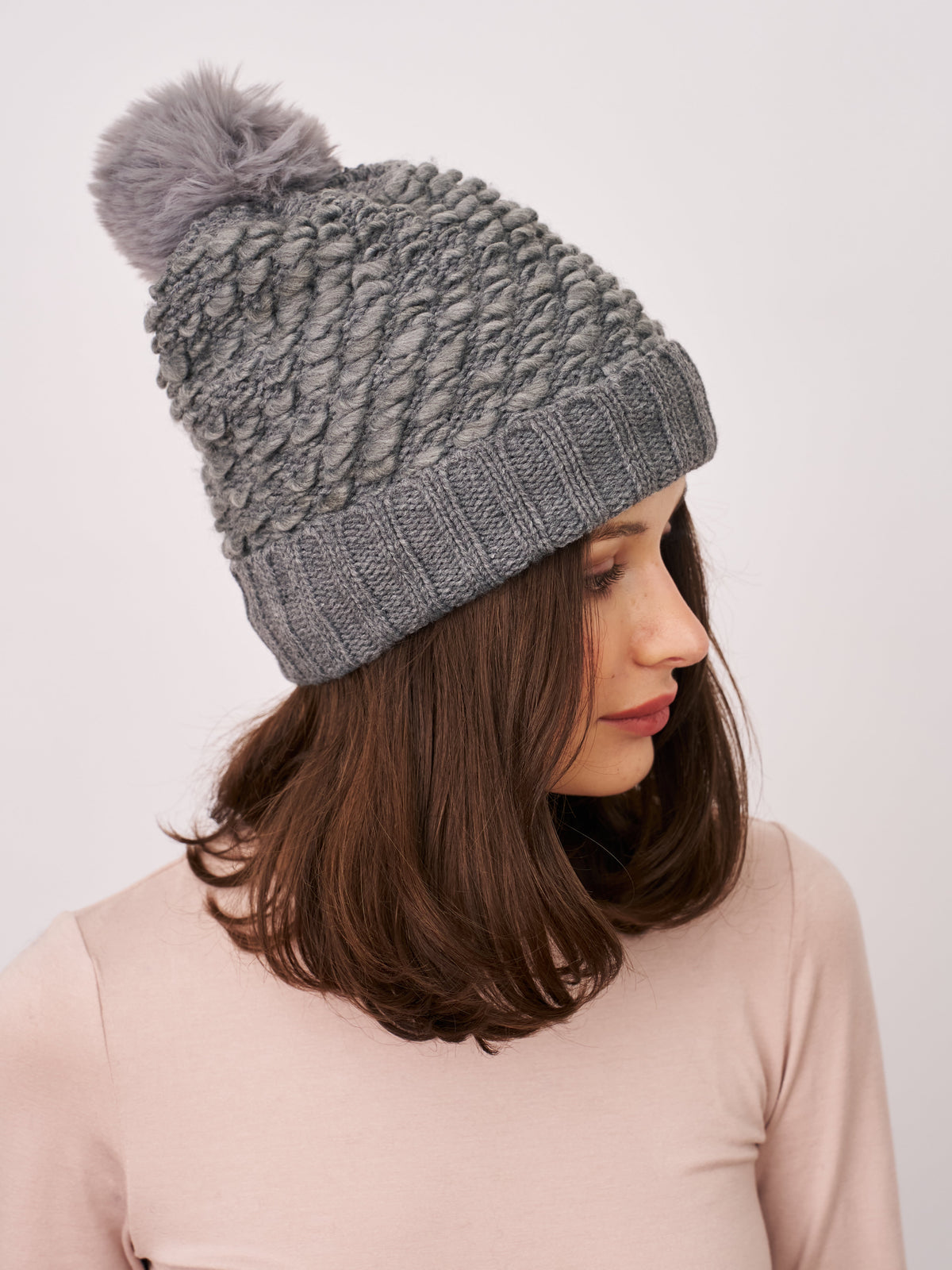 TURN UP POMPOM HAT - GREY | Vintage Havana