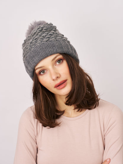 TURN UP POMPOM HAT - GREY | Vintage Havana