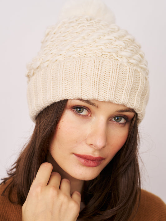 TURN UP POMPOM HAT - CREAM | Vintage Havana