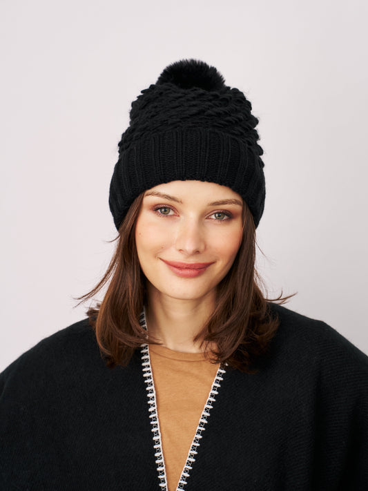 TURN UP POMPOM HAT - BLACK | Vintage Havana