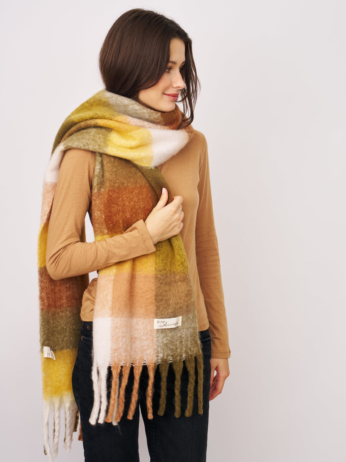 CHECK BRUSH TASSEL SCARF - YELLOW | Vintage Havana