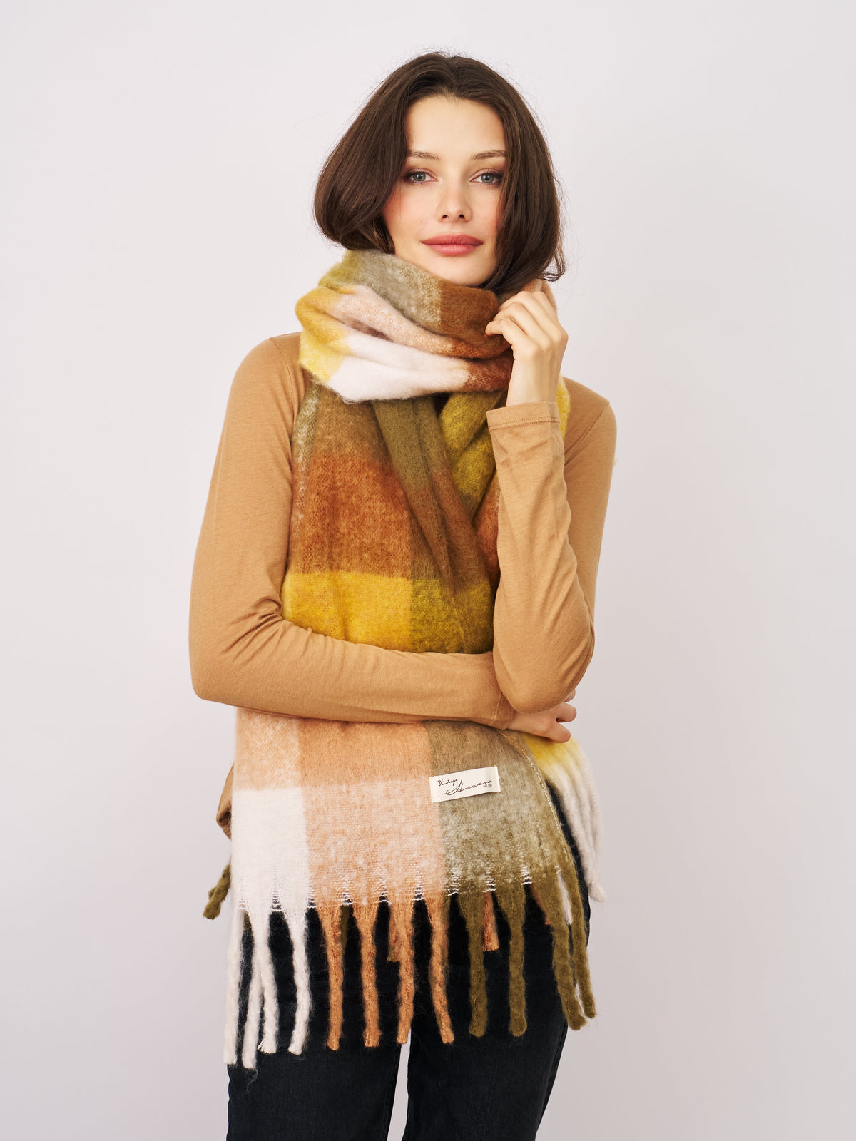 CHECK BRUSH TASSEL SCARF - YELLOW | Vintage Havana