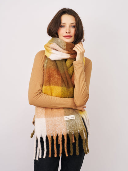 CHECK BRUSH TASSEL SCARF - YELLOW | Vintage Havana