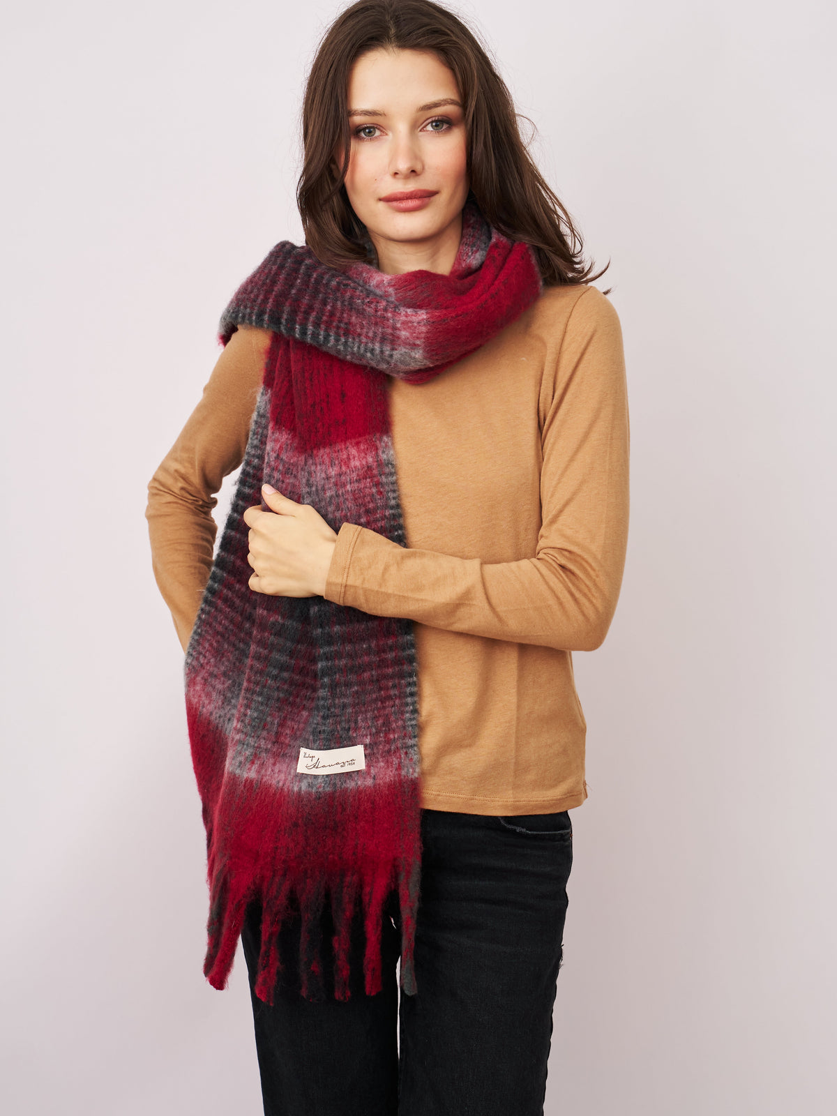 CHECK CHUNKY TASSEL SCARF - RED | Vintage Havana